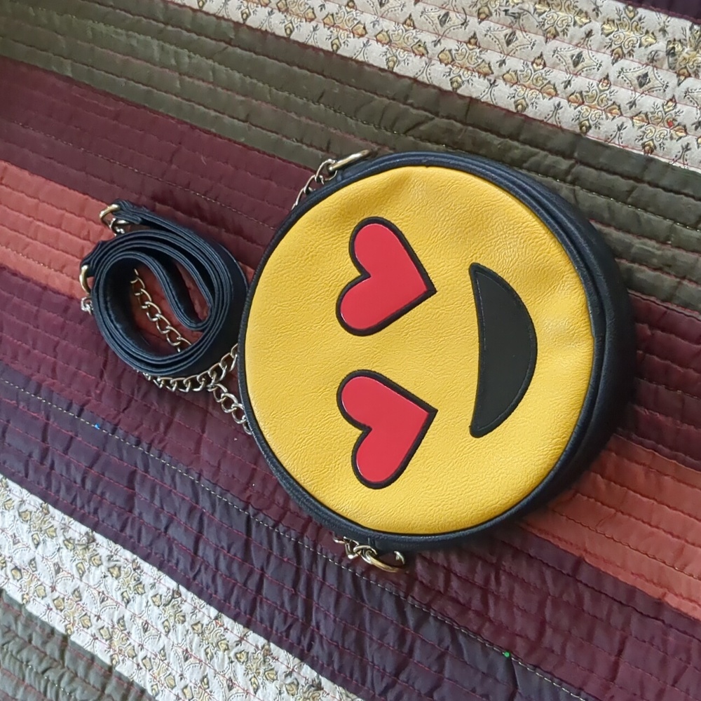 EMOJI novelty bag double sided circular zip top w/ chain and faux leather strap